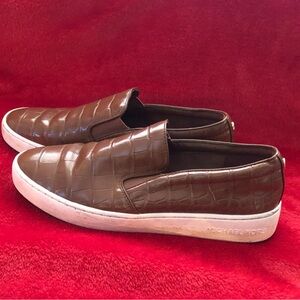 Michael Kors Croc-Embossed Brown Slip-On Loafers